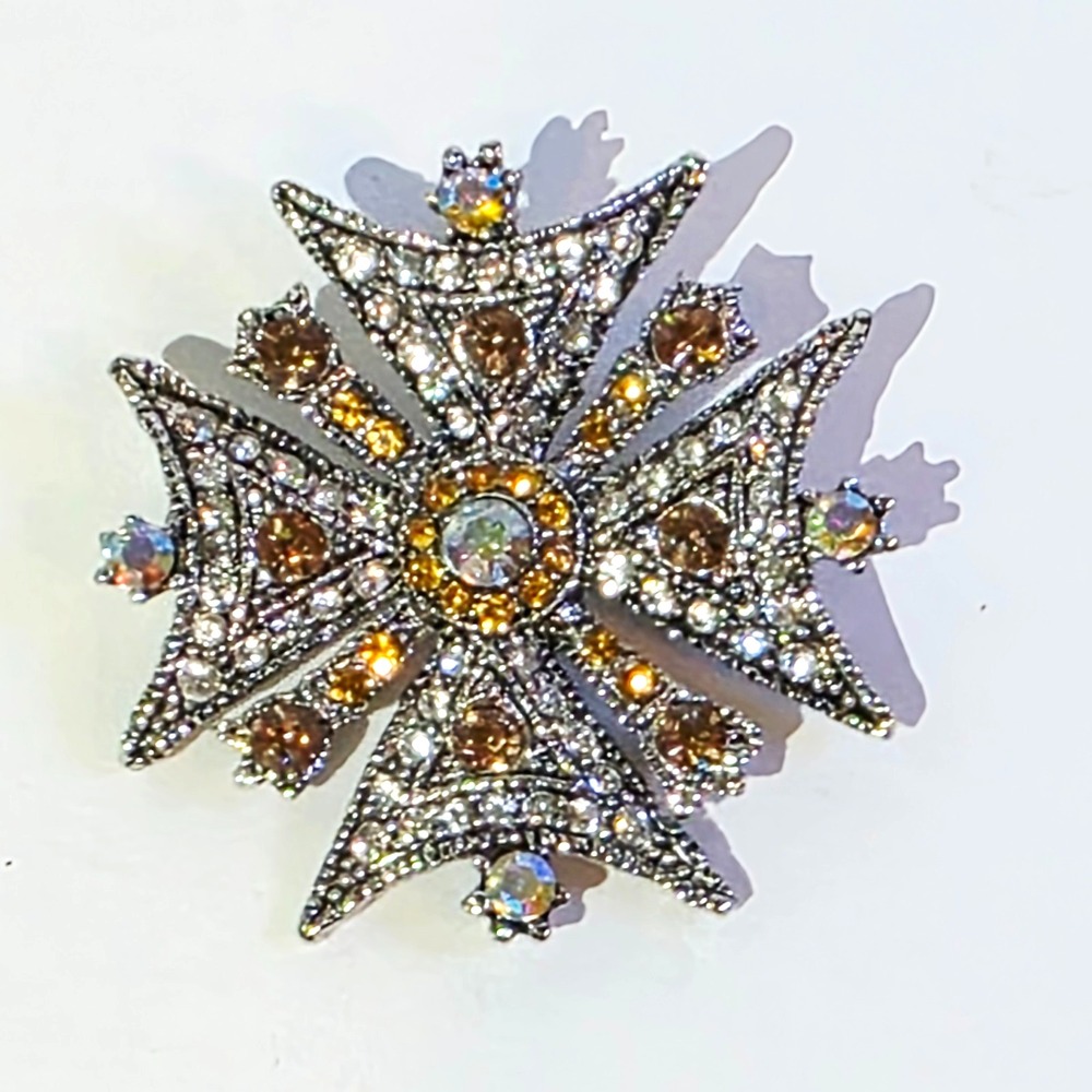 Silver Tone With Clear And Amber Colored Rhinestones Maltese Cross Brooch Pin